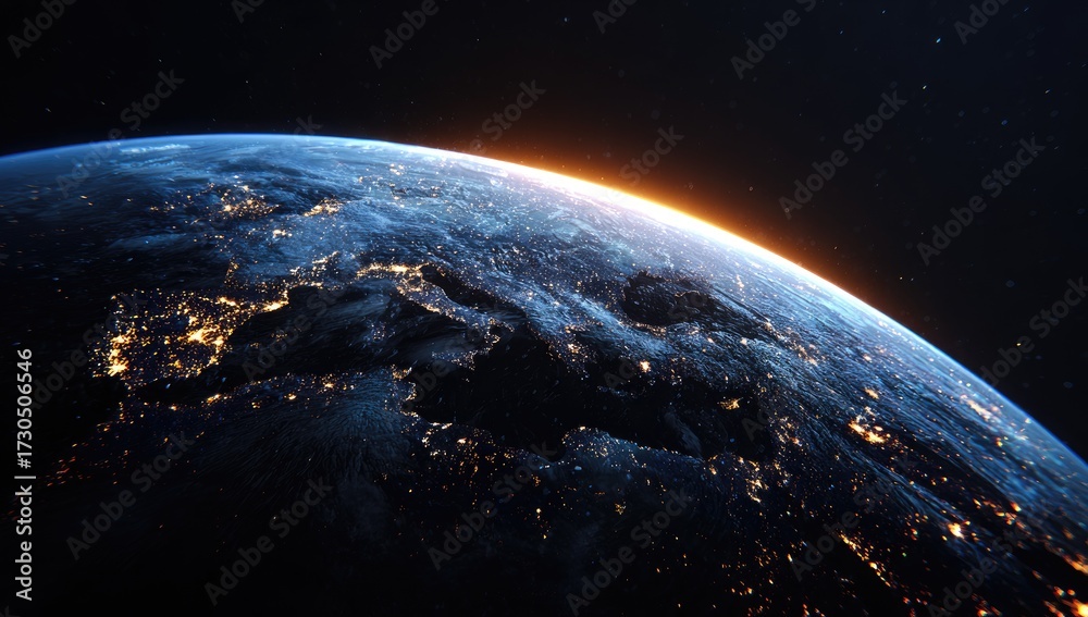 Obraz premium Stunning satellite view of Earth showing city lights and a bright sunrise on the horizon