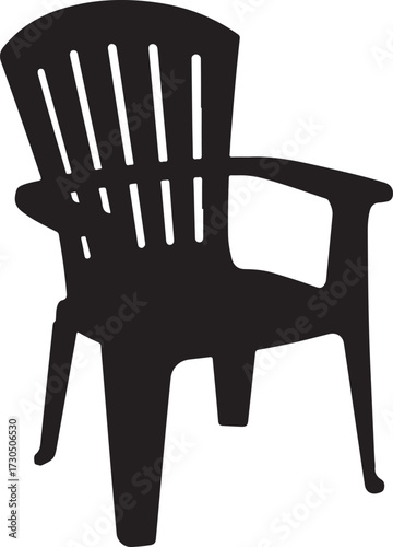 Black Silhouette of an Adirondack Chair with Slatted Back and Wide Armrests black and white