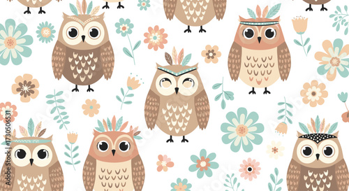 Boho tribal owl illustration seamless pattern with cute flowers and feathers.