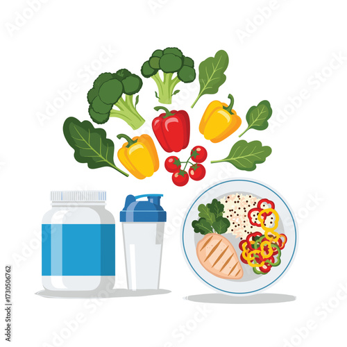 Concept of a balanced diet for fitness and bodybuilding, showing a healthy meal with chicken and vegetables, protein powder, and a shaker bottle