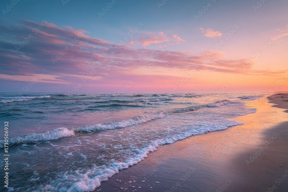 Fototapeta premium Pink & orange sunset paints sky & sea, waves gently lap a sandy beach