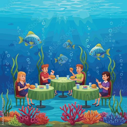 Whimsical underwater restaurant scene with cartoon characters enjoying a unique dining experience surrounded by marine life and vibrant coral reefs, a fantastical meal in the deep sea