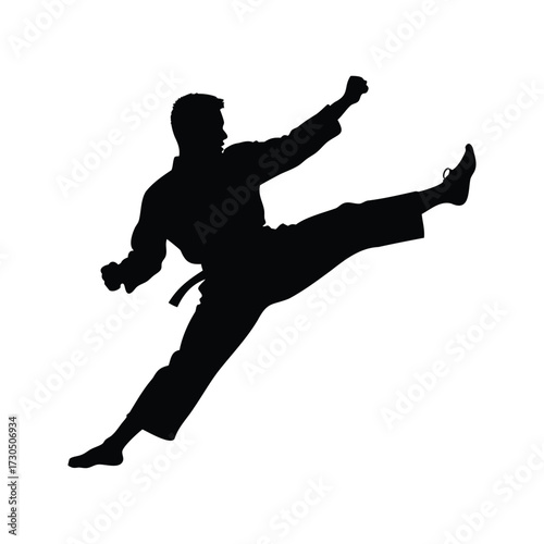 Silhouette of a martial artist performing a flying kick with black belt, martial artist performing jump kick silhouette vector illustration