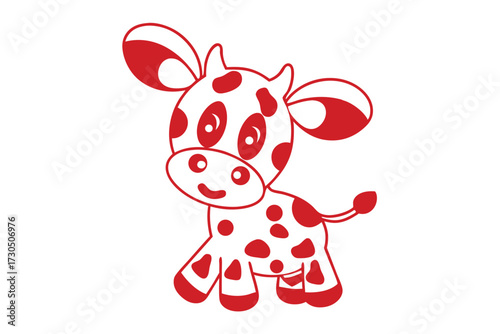 Red outlined cartoon calf stands innocently with spots across its body and large ears