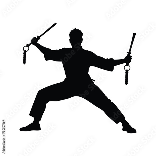 Silhouette of Martial Artist in Action with Weapons, Against a White Background, martial artist with nunchucks silhouette vector illustration