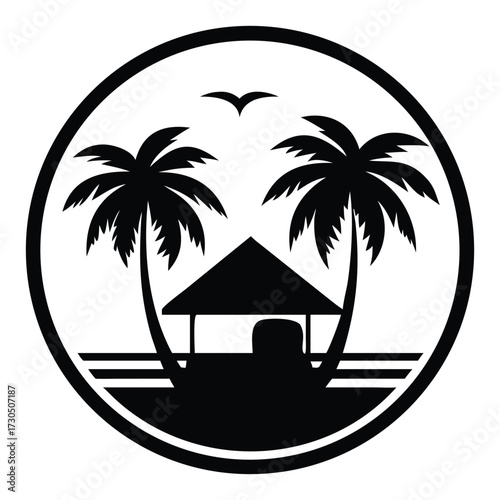 Stylized black and white emblem depicting a serene tropical beach with palm trees, a relaxing cabana, and a soaring bird, ideal for travel branding