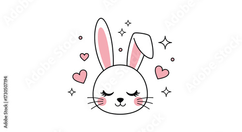 Cute cartoon bunny face with hearts and sparkles.