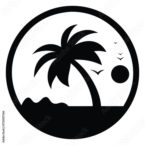 Tropical Island Sunset Concept - Minimalist Beach Vacation Destination Logo Icon