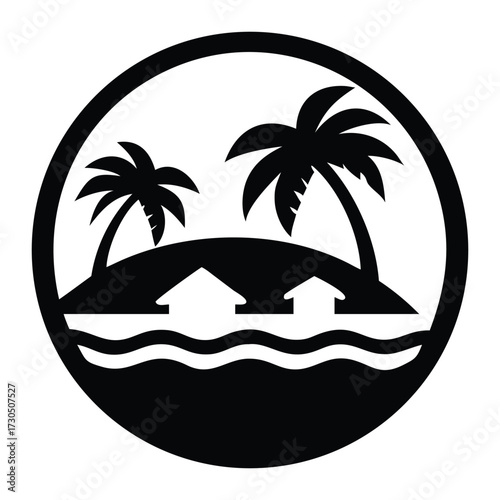 Stylized circular graphic of a serene tropical island featuring palm trees and traditional bungalows