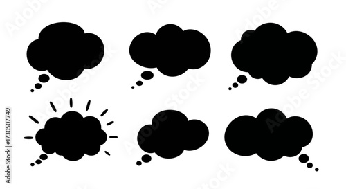 Set of six black thought bubbles and speech bubbles in various shapes on a white background, perfect for representing ideas, communication, and imagination