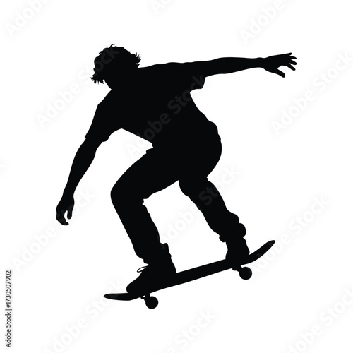 Skateboarder silhouette performing an action trick in mid air on white background, skateboard player silhouette vector illustration
