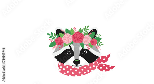 A cute raccoon wearing a flower crown and a polka dot bandana.