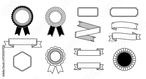 Diverse collection of simple outline vector badges and ribbons, signifying excellence, guarantee, and various forms of recognition for design elements