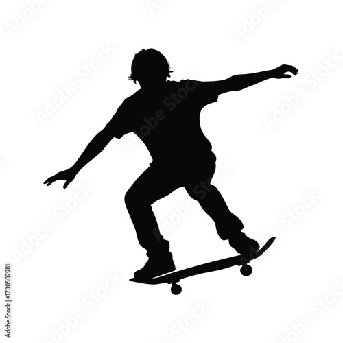 Silhouette of a skateboarder performing a trick in mid air, a dynamic scene, skateboarder balancing on board silhouette vector illustration