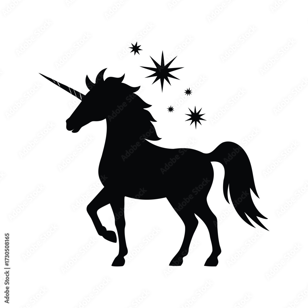 Fototapeta premium Elegant black silhouette of a magical unicorn with stars, whimsical illustration, unicorn blowing sparkles silhouette vector illustration