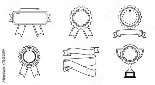 A versatile collection of monochrome outline award icons, including trophies, medals, and ribbon banners, perfect for illustrating success and achievement