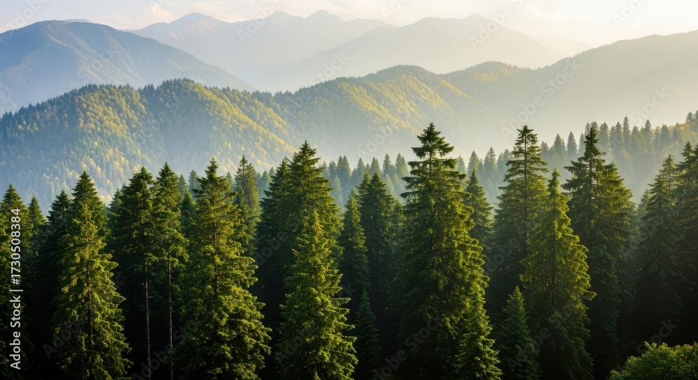 Fototapeta premium Misty Mountain Forest Landscape With Evergreen Trees and Rolling Hills