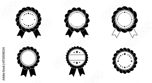 Collection of Six Decorative Award Ribbons and Rosettes Icons - Vector Graphics
