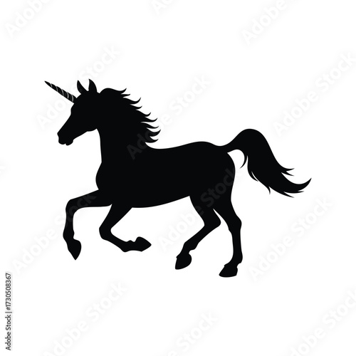 Mystical Unicorn Silhouette Prancing Freely on a White Background in Elegant Movement, unicorn galloping silhouette vector illustration