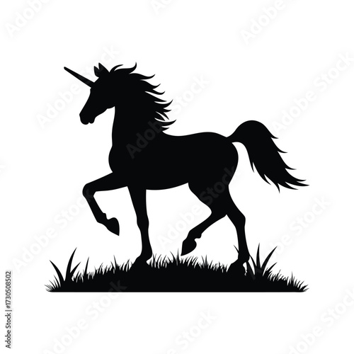 Majestic unicorn silhouette prancing gracefully among tall blades of grass below, artwork, unicorn prancing in the meadow silhouette vector illustration