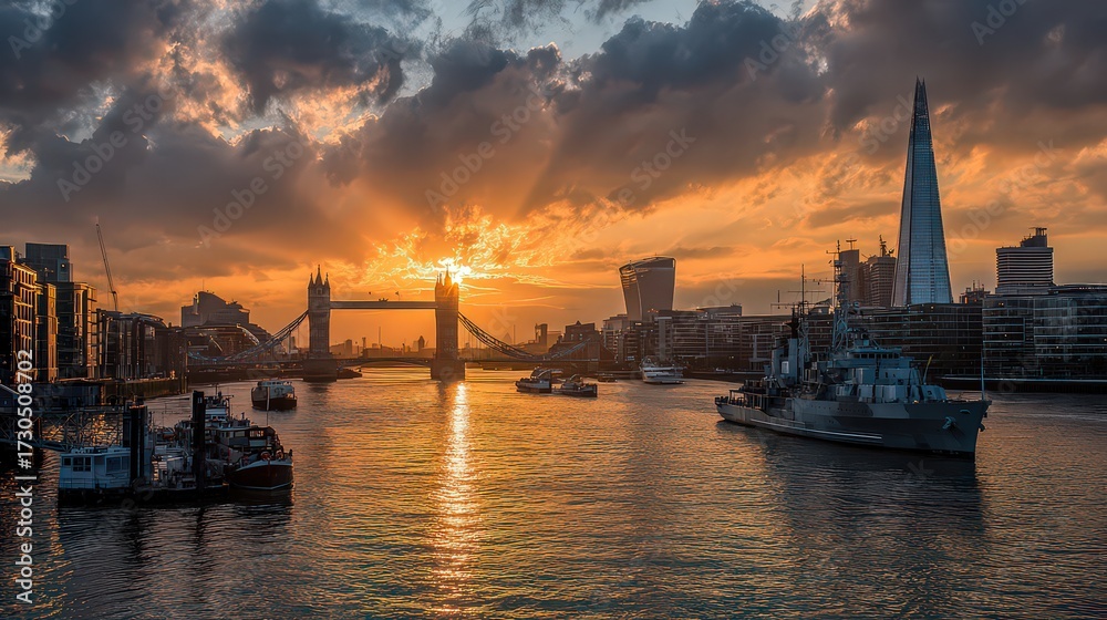 Fototapeta premium London Skyline Sunset Cityscape With River and Tower Bridge