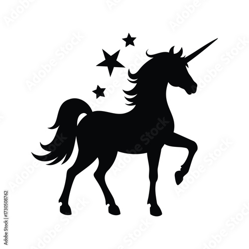 Black silhouette of a unicorn with stars on a white background, unicorn with starry mane silhouette vector illustration