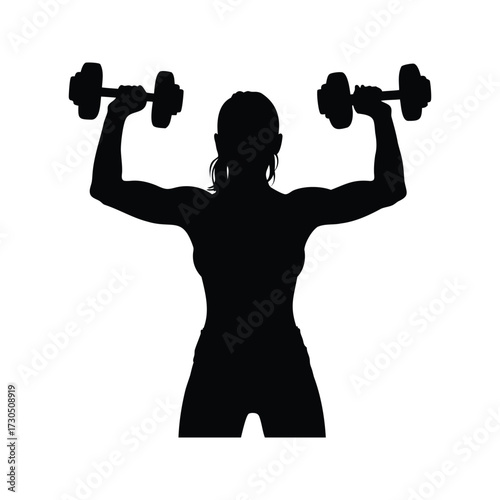 Silhouette of athletic woman lifting dumbbells in a weight training exercise, woman lifting dumbbells silhouette vector illustration