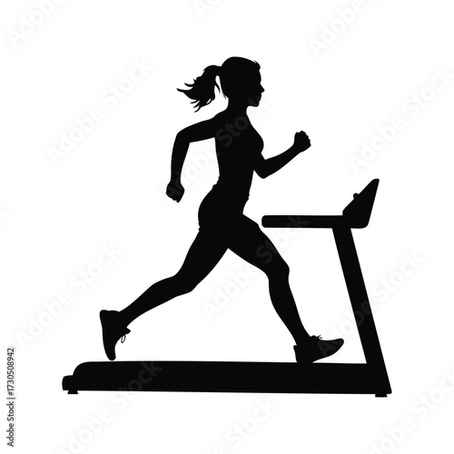 Silhouette of woman running on a treadmill for exercise and fitness, woman running on treadmill silhouette vector illustration
