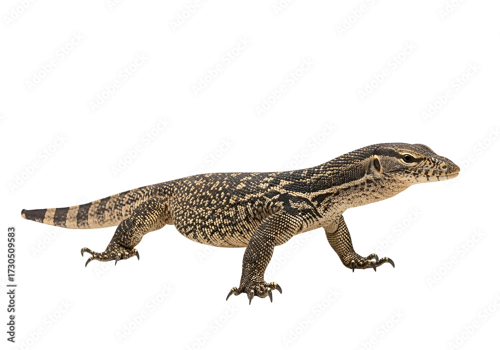Fototapeta premium A lizard with intricate patterns and bold markings displays a side profile against a plain black background.