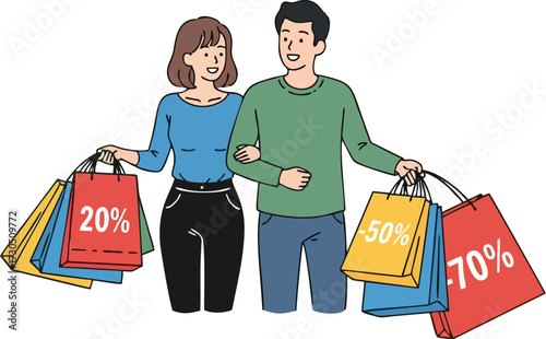 A couple laden with shopping bags marked with discount percentages walk arm in arm