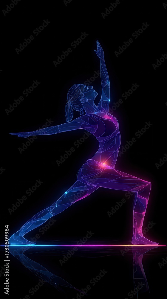 Fototapeta premium Neon line art silhouette of yoga warrior pose with radiant energy