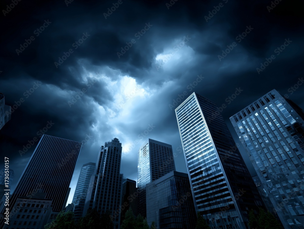 Fototapeta premium City skyline experiencing dark ominous storm clouds