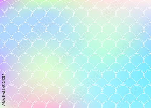 Holographic scale background with gradient mermaid. Bright color transitions. Fish tail banner and invitation. Underwater and sea pattern for girlie party. Vibrant backdrop with holographic scale.