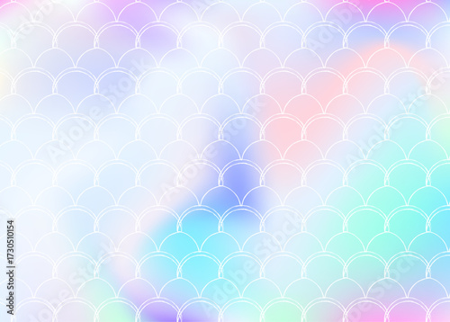 Holographic scale background with gradient mermaid. Bright color transitions. Fish tail banner and invitation. Underwater and sea pattern for girlie party. Bright backdrop with holographic scale.
