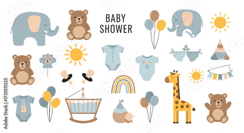Cute baby shower decorations with animals and toys.