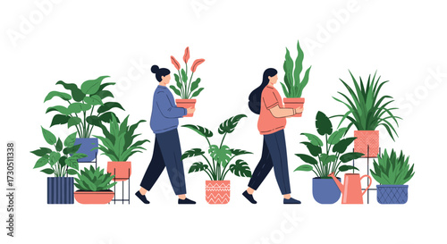 Two women carrying potted plants in a garden setting.