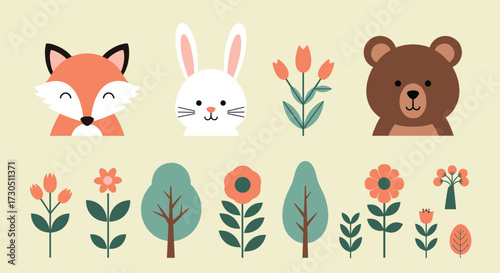 Cute woodland animals and flora patterns for kids.
