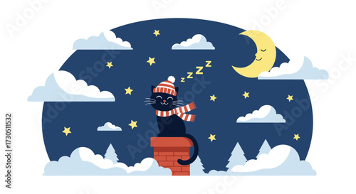 A black cat wearing a hat and scarf sleeps peacefully on a chimney top under a starry night sky with a crescent moon.
