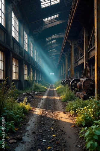 A desolate factory floor, rusting machinery, and overgrown weeds illustrate the harsh realities of a fired economy, symbolizing job losses and economic downturn ,  despair,  stillness,  shutdown
