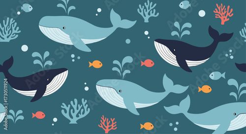 Whales and fish swimming in the ocean with coral reefs.