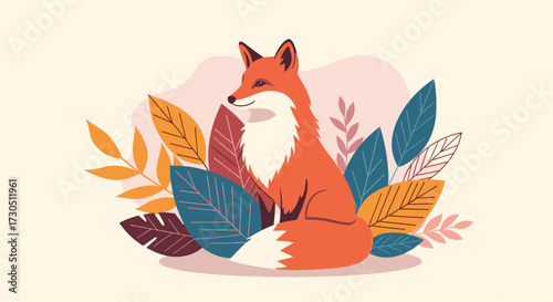 A charming fox sits peacefully amidst colorful autumn leaves.