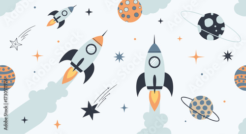Cute cartoon rockets and planets seamless pattern with stars.