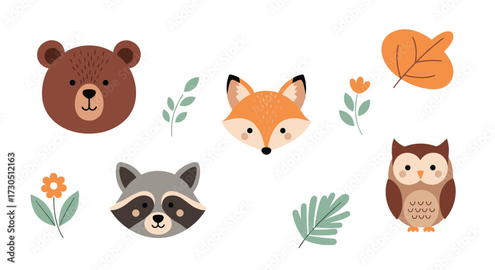 Fototapeta premium Cute forest animals and autumn leaves collection for design.