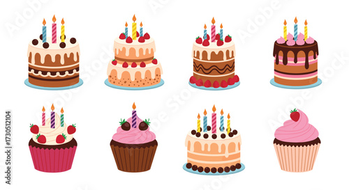 A colorful collection of birthday cakes and cupcakes with lit candles.
