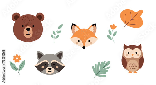 Cute forest animals and autumn leaves collection for design.