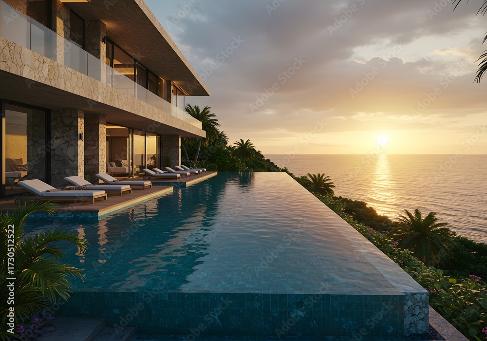 Fototapeta premium Luxurious modern villa with an infinity pool overlooking the ocean at sunset.