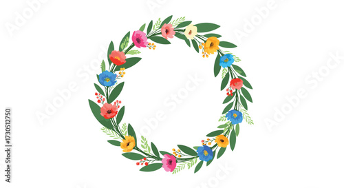 A beautiful circular wreath of colorful wildflowers and green leaves.