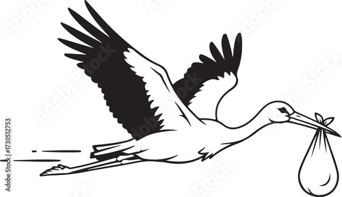 Flying Stork Delivering Baby Bundle Graphic Illustration
