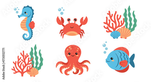 Cute cartoon ocean animals and underwater plants.