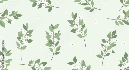 Delicate green branches with tiny white flowers form a repeating pattern.